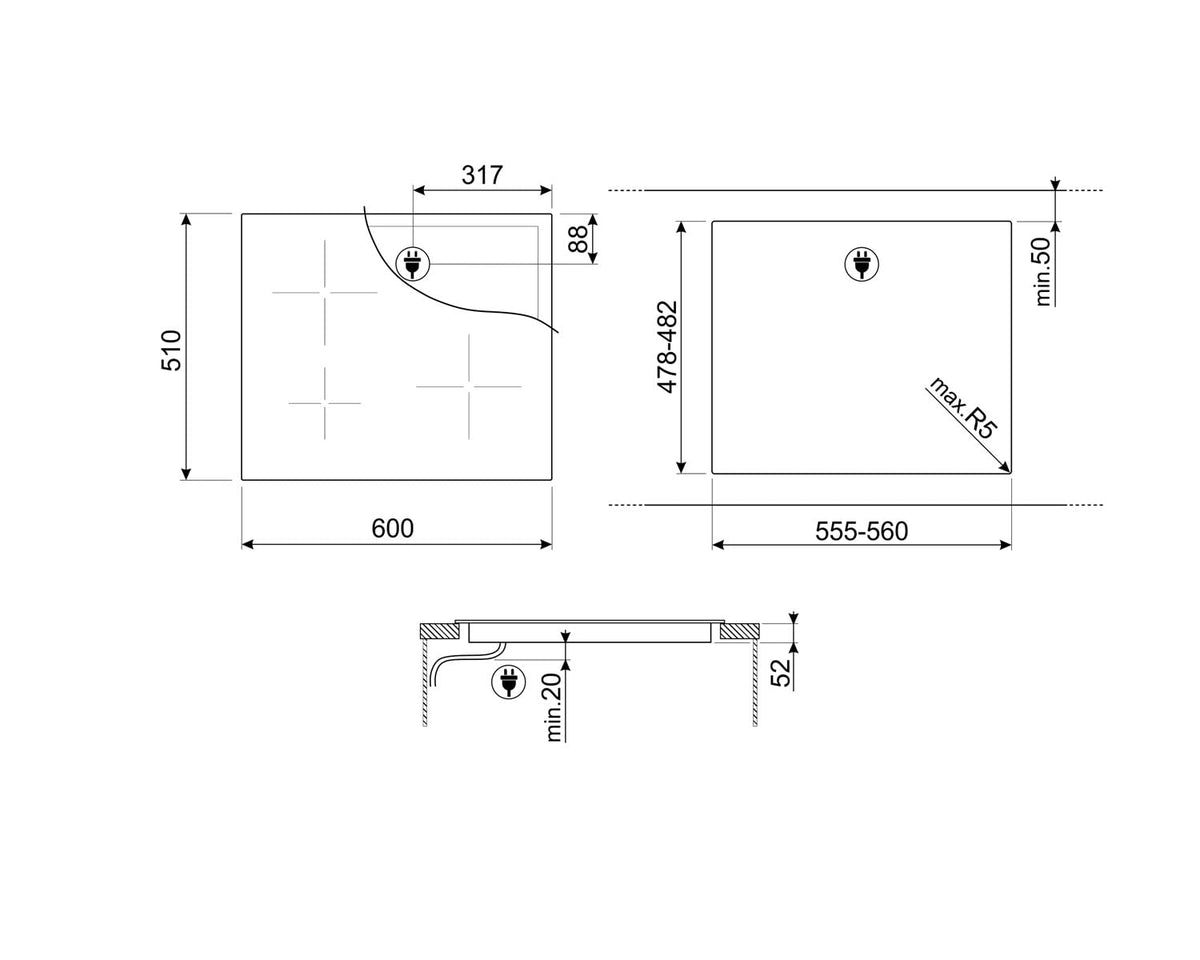 Induction Hob With 3 Heating Zones 7200W 60cm Black