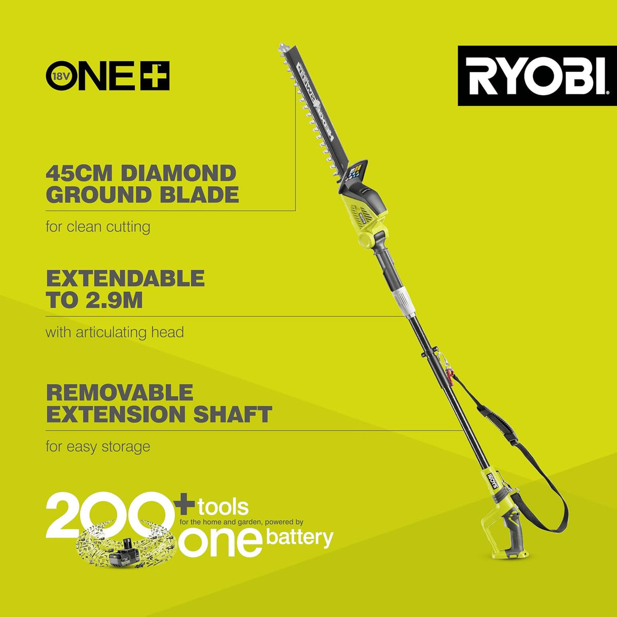 Cordless Pole Hedge Trimmer 45cm 18V ONE+ Diamond-Ground Blade